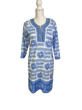 Bella Tu Small Shift Dress Blue White Cotton Embroidered Lined 3/4 Sleeve